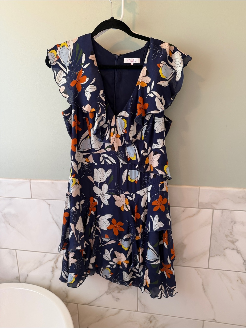 Parker Navy Floral Ruffle Dress with Orange Accents